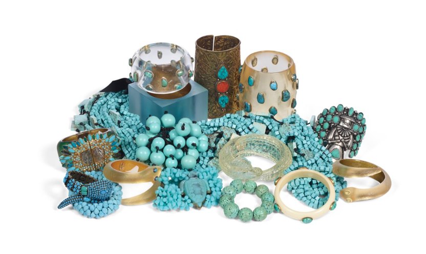 This collection of turquoise-colored cuffs, bracelets and chunky necklaces could go for a bargain bid.