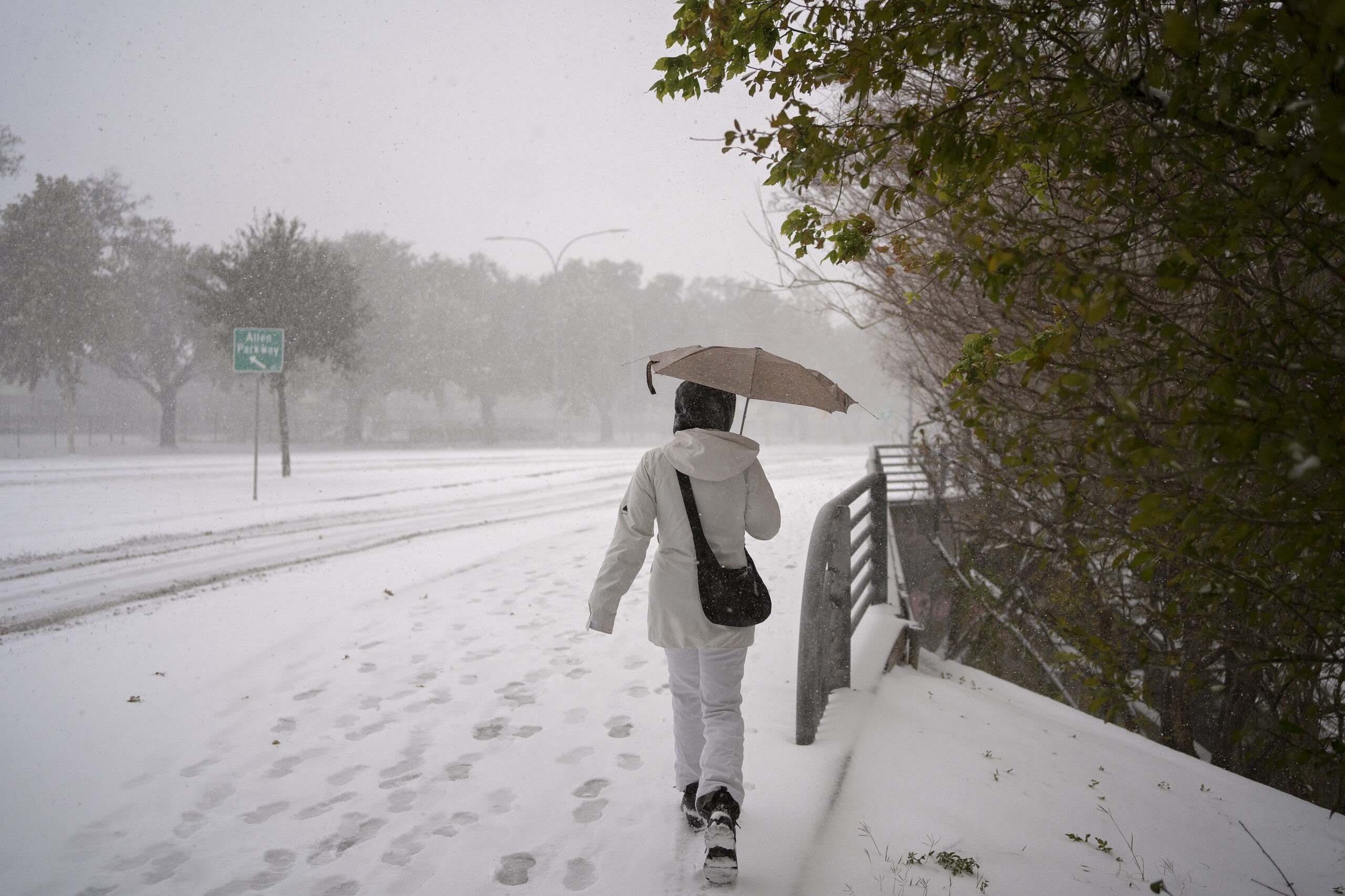 A woman walks along Allen Parkway near downtown as winter storm Enzo brings heavy bands of snow and sleet on January 21, 2025 in Houston, Texas. .