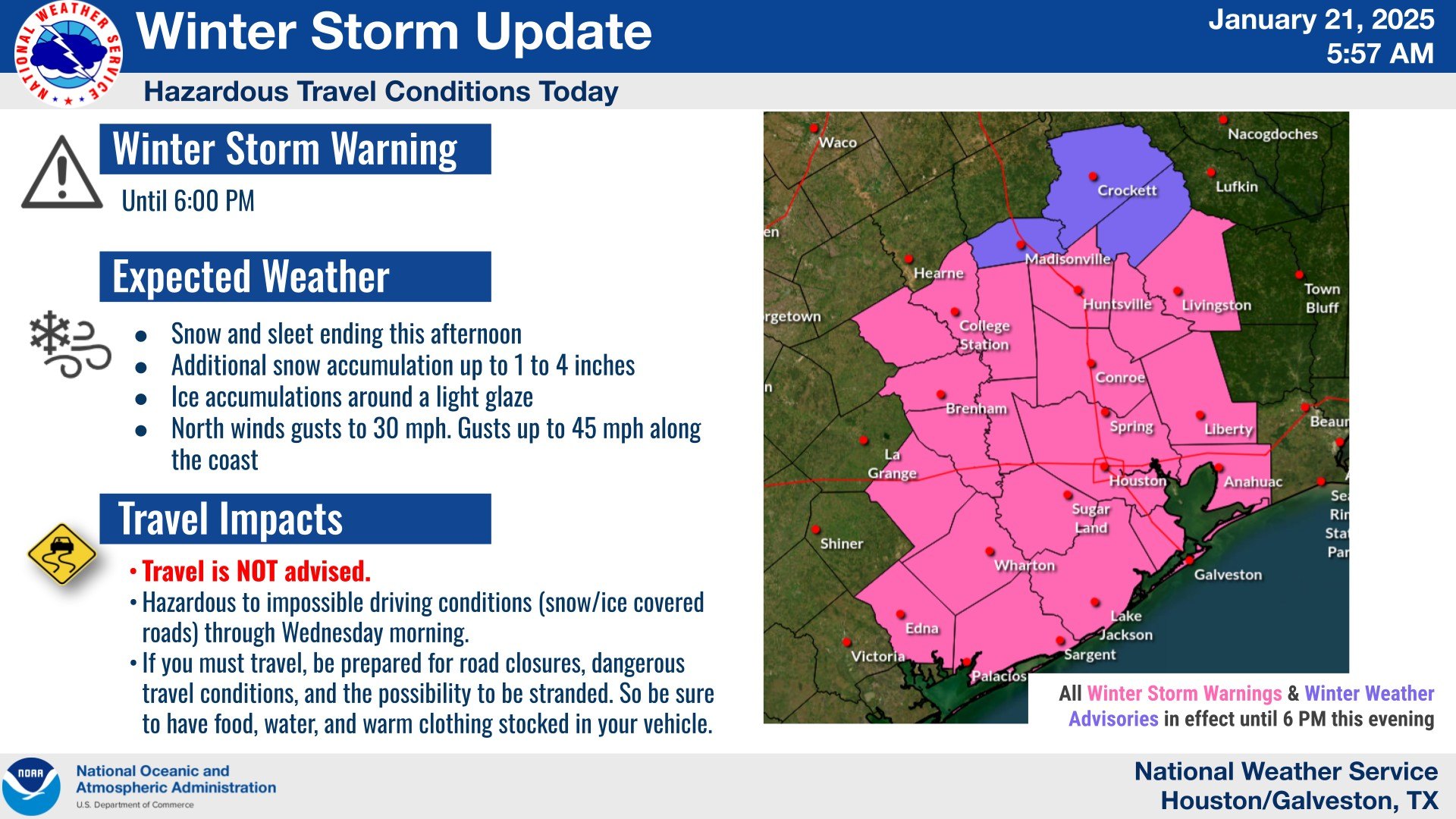A map shows the winter weather conditions in and around Houston, TX, on Tuesday.