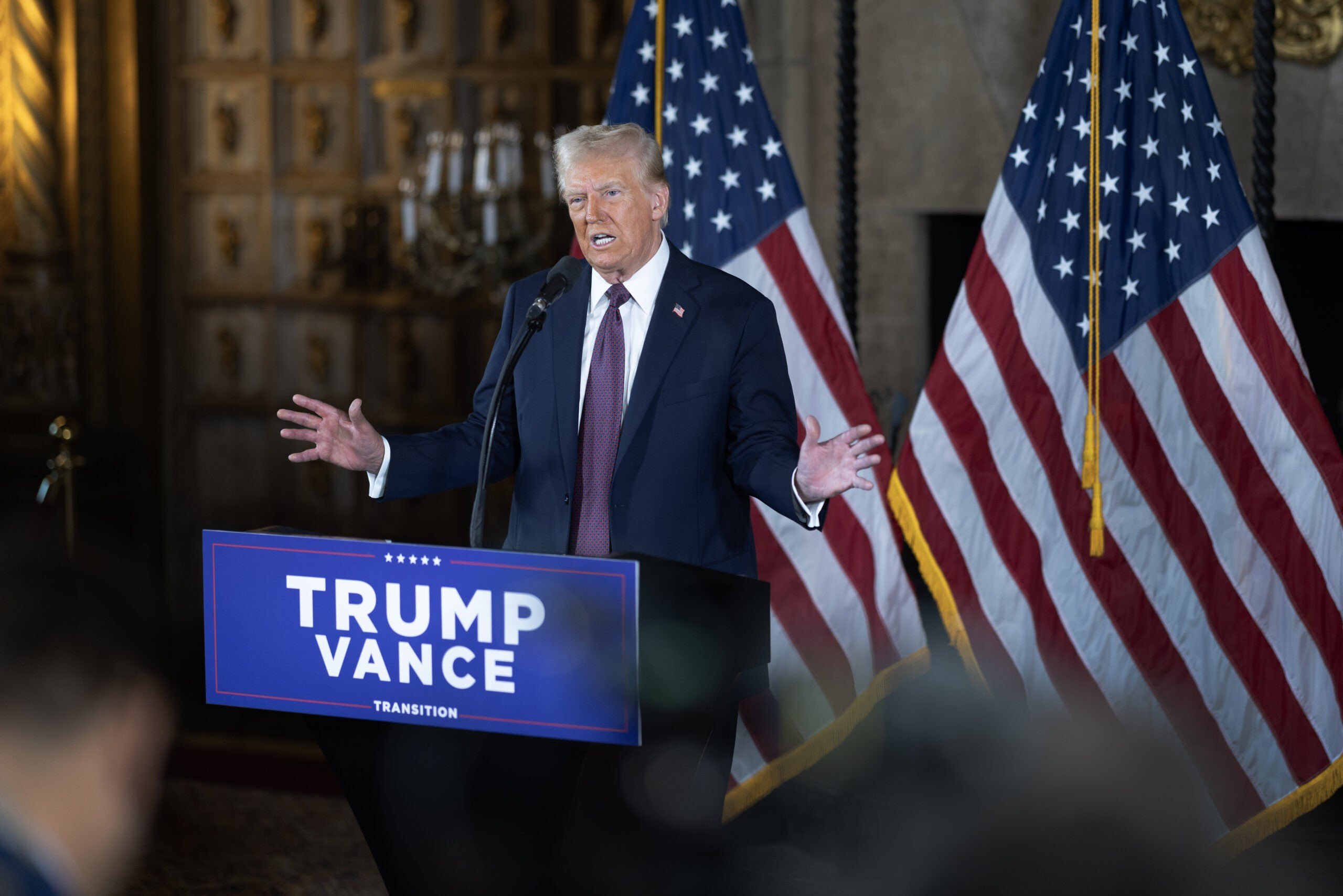 PALM BEACH, FLORIDA - JANUARY 07: U.S. President-elect Donald Trump speaks to members of the media during a press conference at the Mar-a-Lago Club on January 07, 2025 in Palm Beach, Florida. Trump will be sworn in as the 47th president of the United States on January 20, making him the only president other than Grover Cleveland to serve two non-consecutive terms in office. (Photo by Scott Olson/Getty Images)