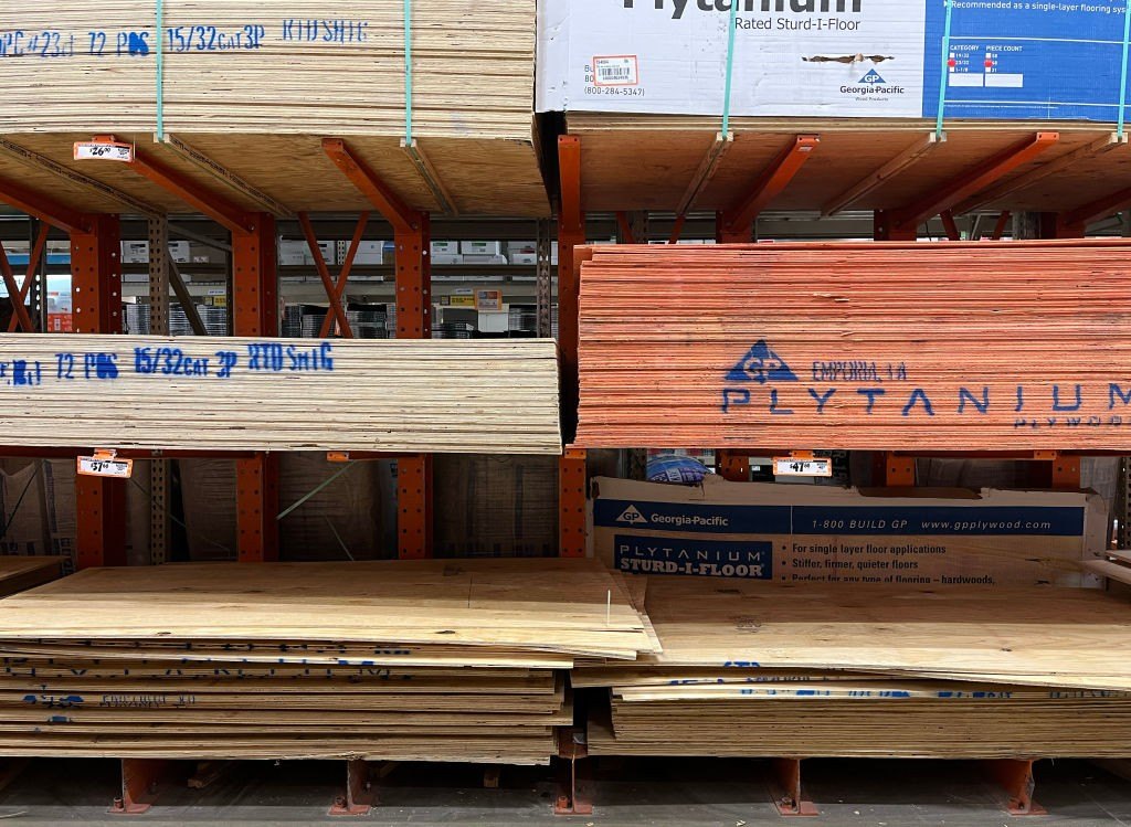 Piles of lumber are seen for sale at a home improvement store in Falls Church, Virginia