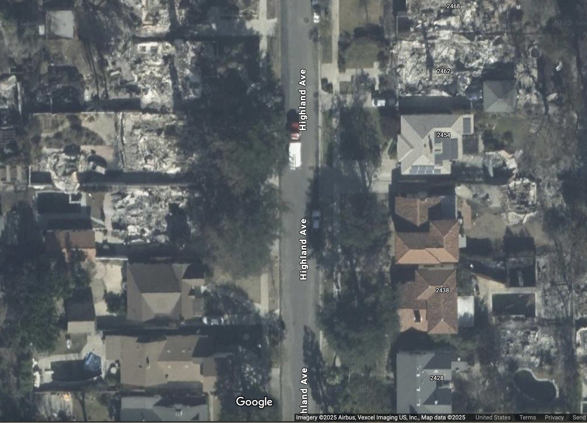 This satellite image shows that multiple homes along Highland Avenue in Altadena, CA, were spared by the flames, while others were less fortunate.