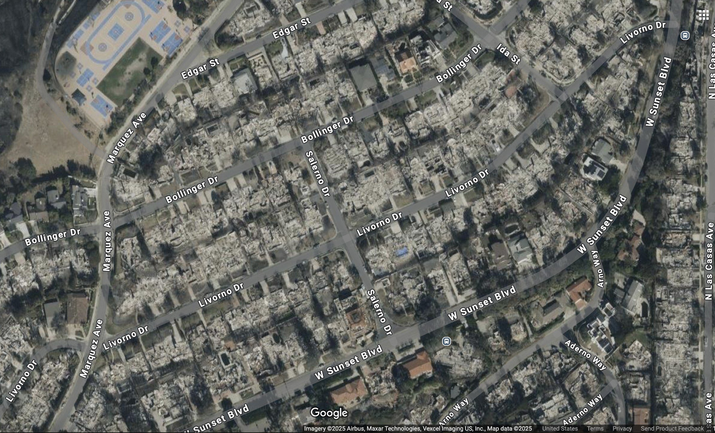 A Google Maps satellite image shows the remnants of homes in the Pacific Palisades neighborhood in L.A.