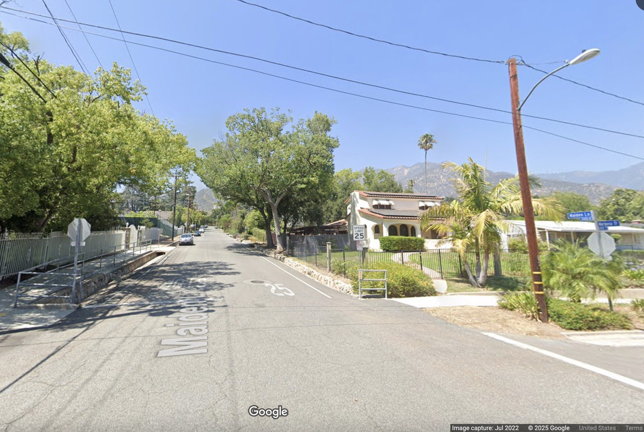 A view of homes standing along a tree-lined Maiden Lane in Altadena, CA, before the fire.
