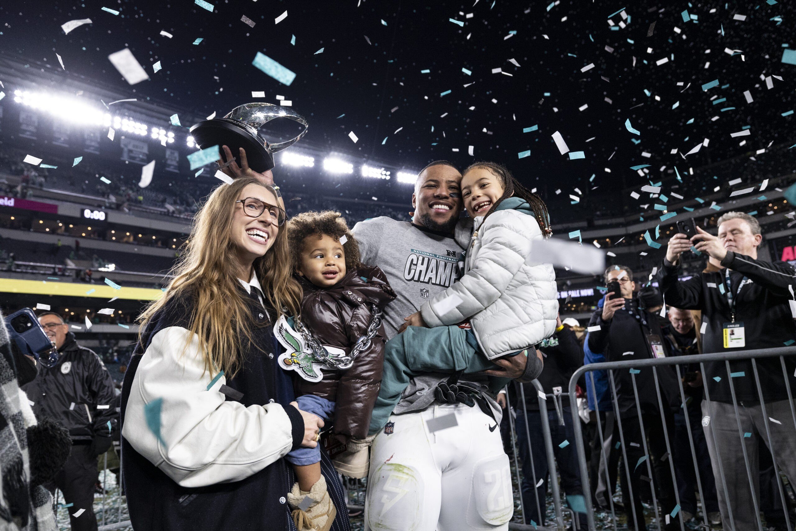 PHILADELPHIA, PENNSYLVANIA - JANUARY 26: Saquon Barkley #26 of the Philadelphia Eagles celebrates after the game against the Washington Commanders at Lincoln Financial Field on January 26, 2025 in Philadelphia, Pennsylvania. The Eagles beat the Commanders 55-23. (Photo by Lauren Leigh Bacho/Getty Images)