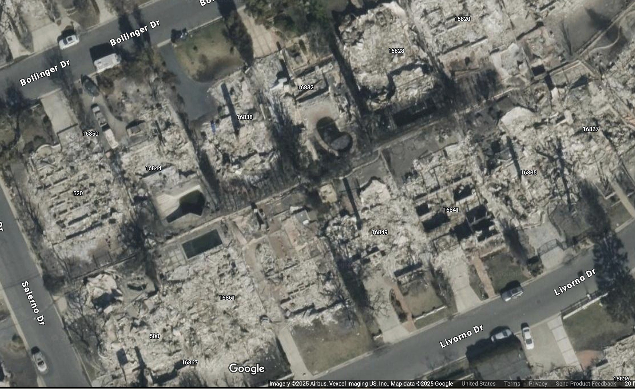 The blackened remnants of inground pools could still be seen in Pacific Palisades' backyards. 