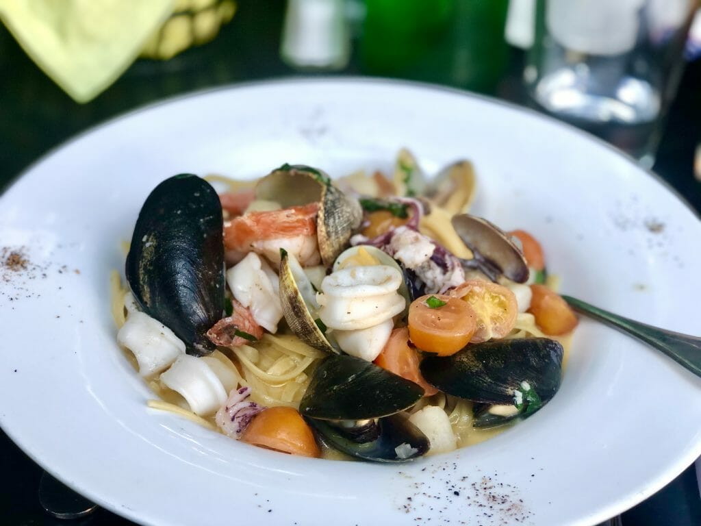 Plate with mixed seafood pasta at Sorrento Little Italy