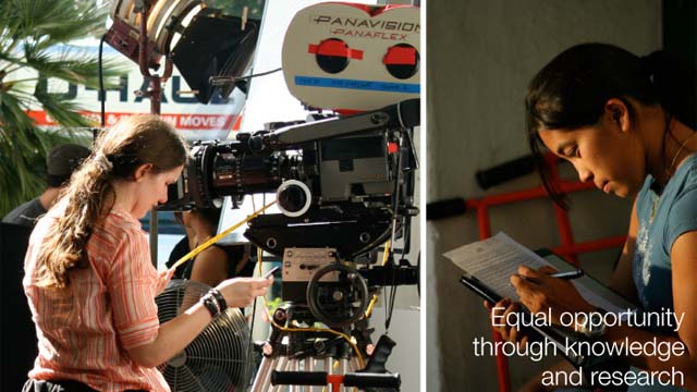 An image of a woman at a video camera superimposed next to a different woman filling out a form. Text beneath her says: "Equal opportunity through knowledge and research."