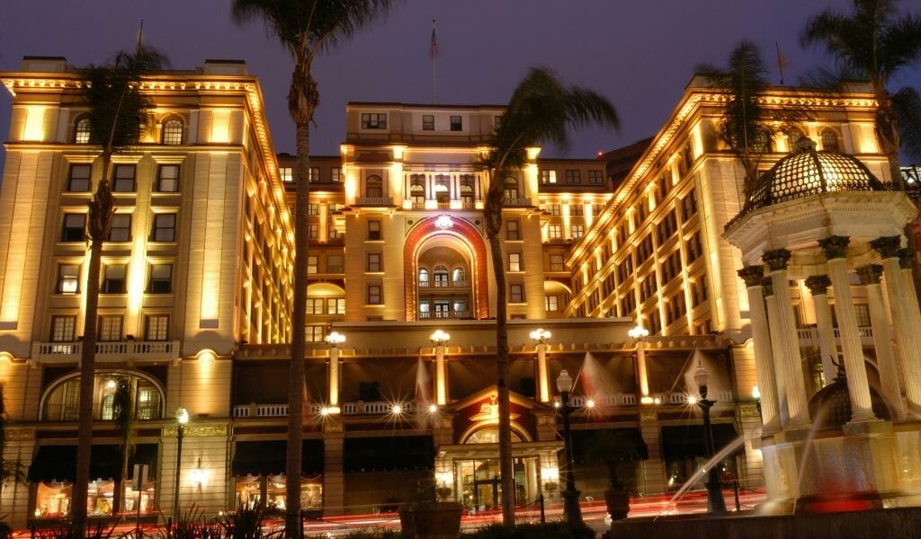 Entrance to the US Grant San Diego at night