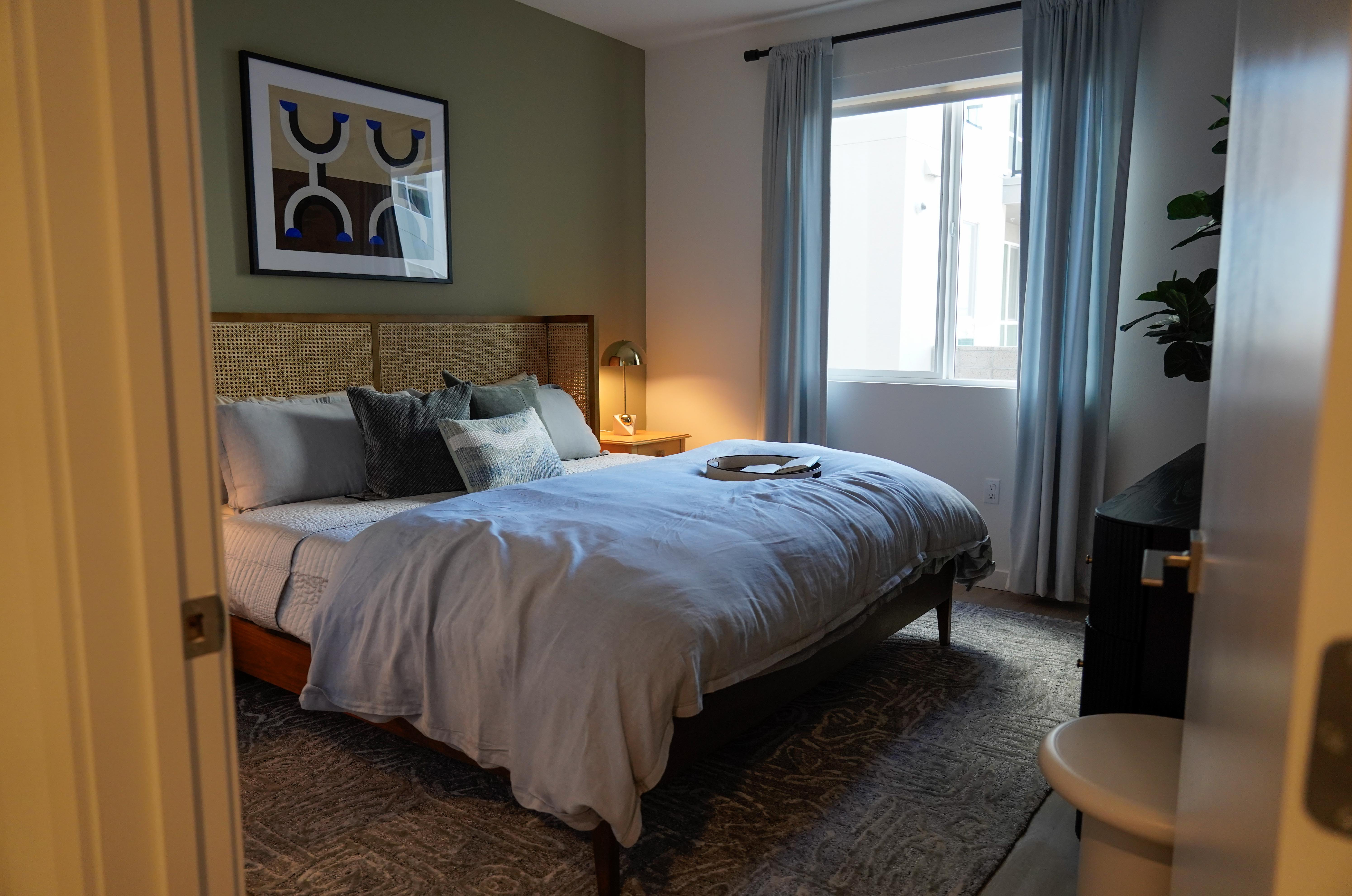 Bedroom at the model unit in the Folia apartment complex....