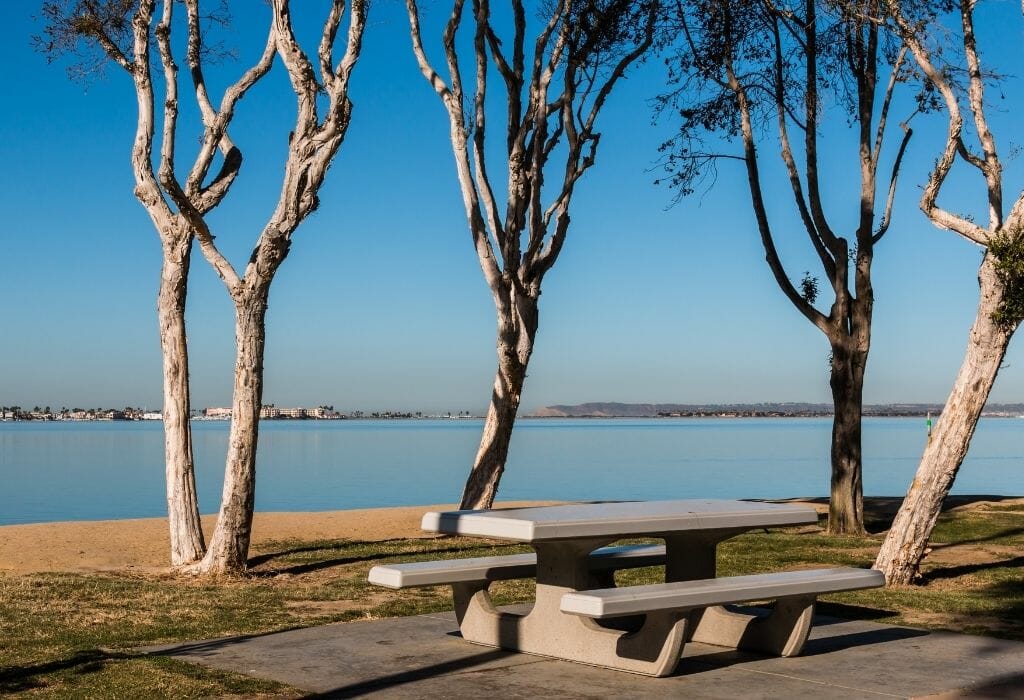 picknick table and bench with trees overlooking the bay in Chula Vista