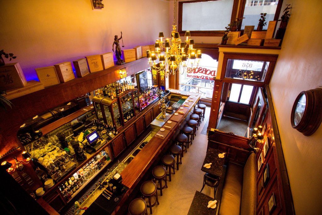 Interior shot from above over the bar area and entrance at Dobson's restaurant San Diego