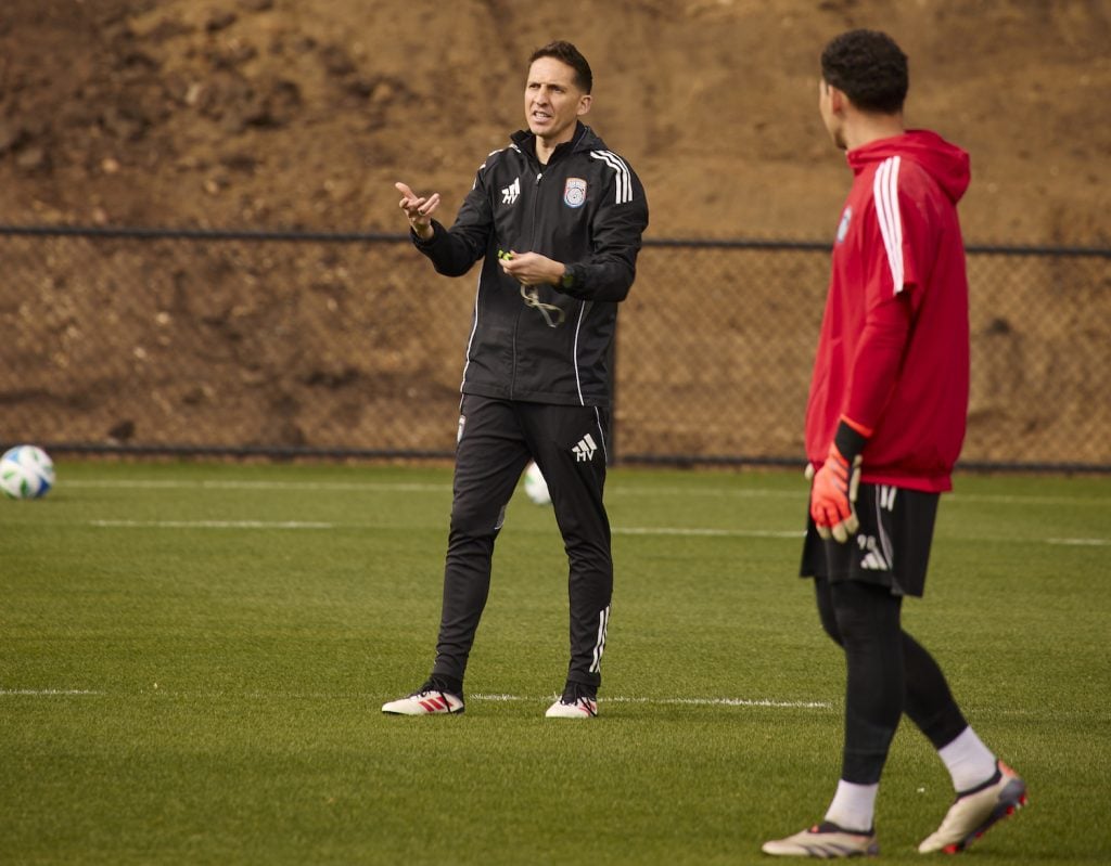 San Diego FC coach Mikey Varas at the Right to Dream Performance Center practice facility in El Cajon