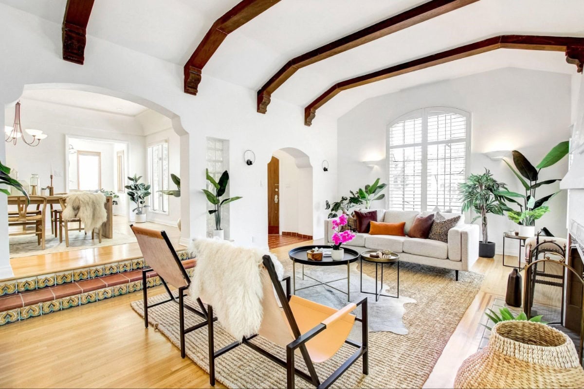 living room with white and oversize rug
