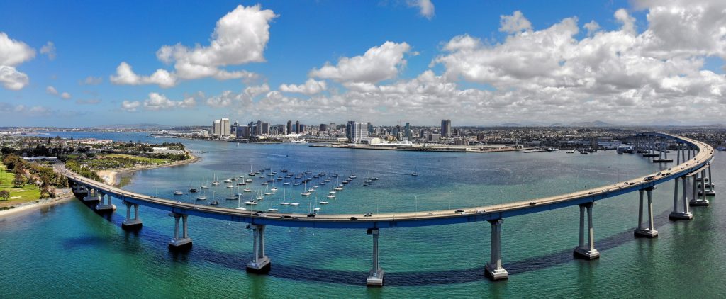 Aerial View of Coronado Bay Bridge Taken from the southern side of the bridge, with the San Diego skyline in the background