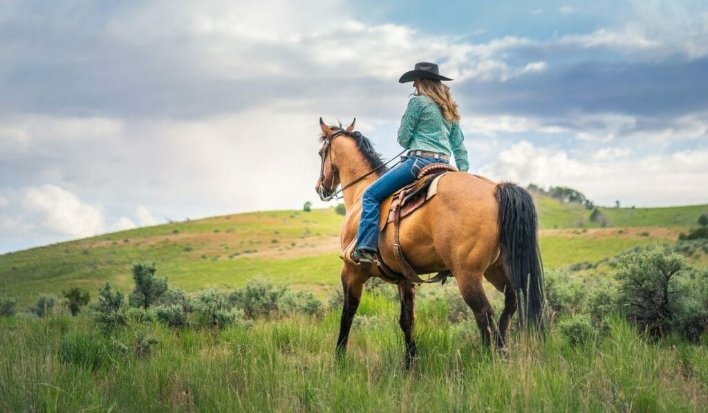 Woman with a cowboy hat sitting on a tan horse riding over a green hill away from the photographer