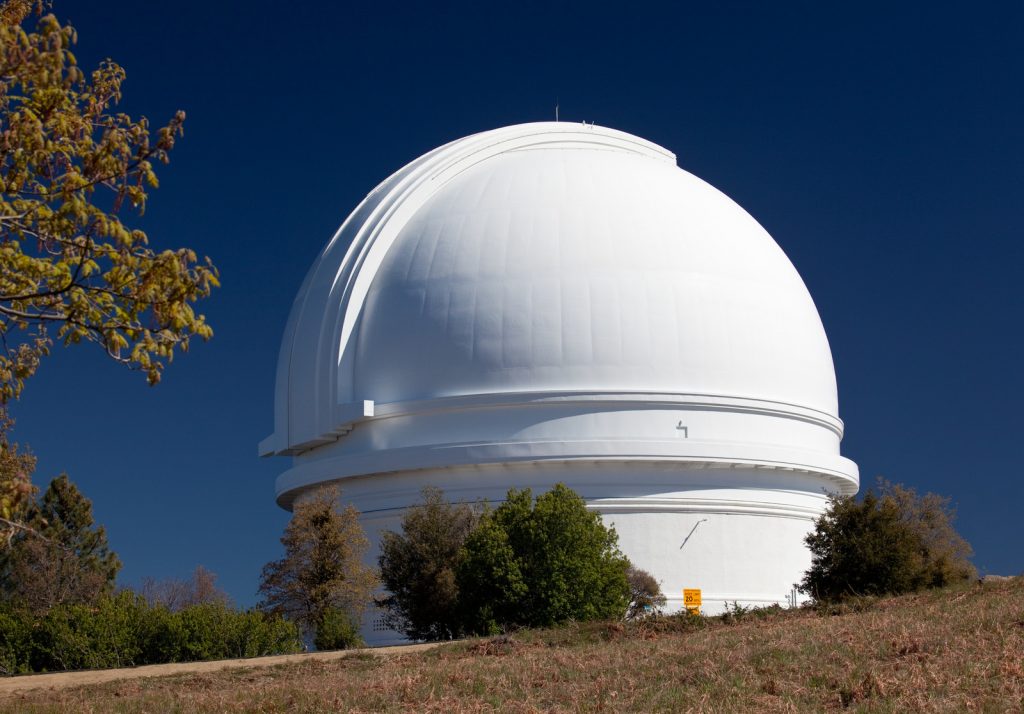 White dome of the Palomar telescope on the peak of Mt Palomar in California