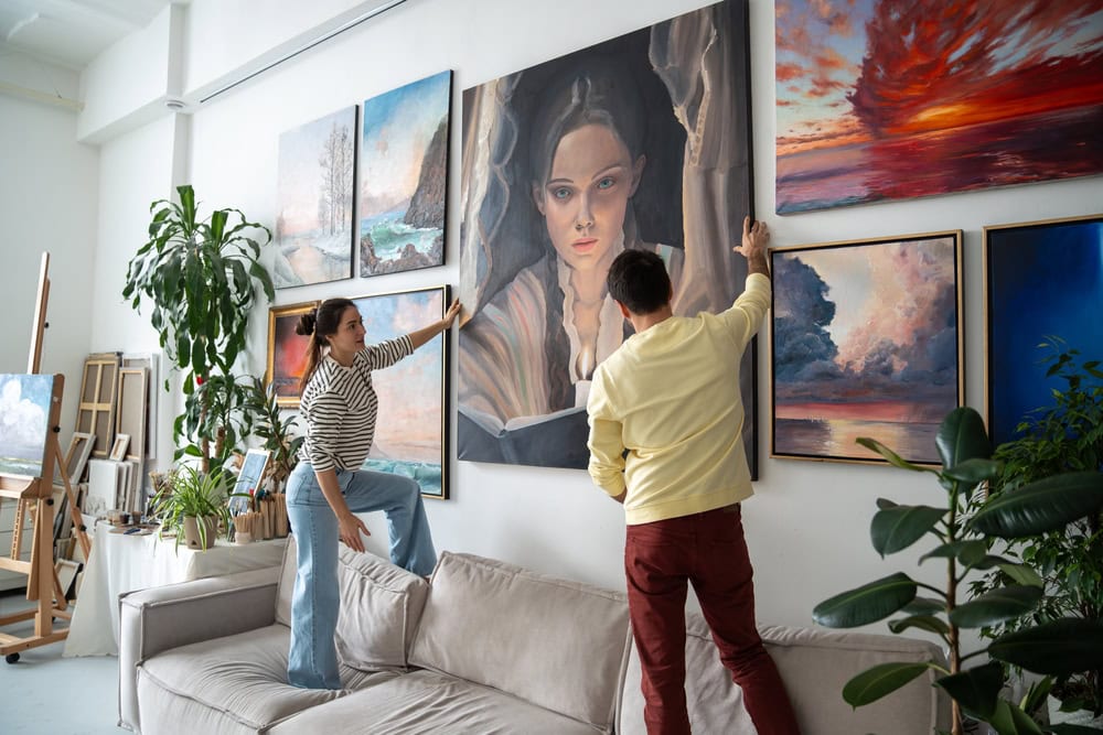 A couple hanging art to a wall
