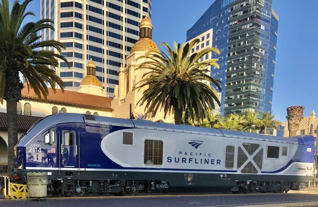 Surfliner Train cart in front of Union Station San Diego