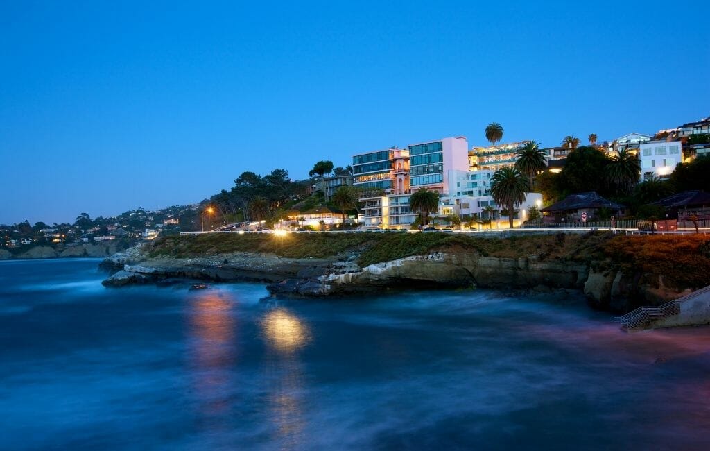 Blue hour of coast line and beachfront houses at La Jolla Cove