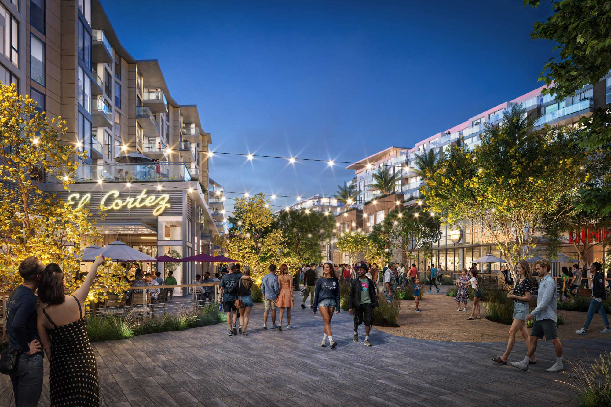 A rendering of "The Plaza," a pedestrian link between The Square and Frontier Drive lined with stores, restaurants and residences, as seen looking west toward Frontier Drive. (Midway Rising)