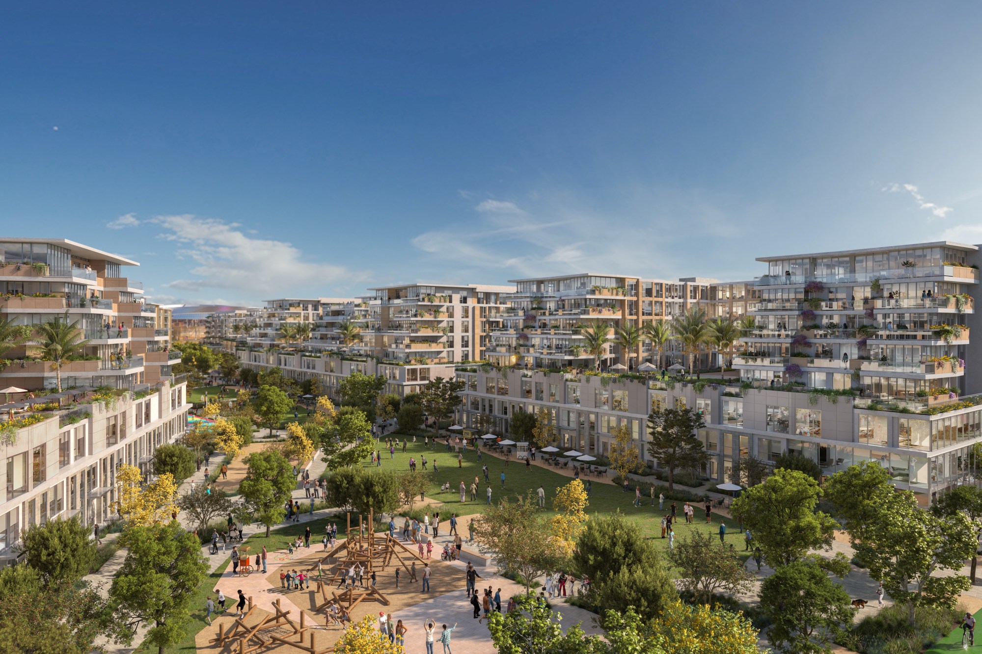 A rendering of "The Green," a 2.32-acre neighborhood park with multi-use lawns, seating, playground equipment and public art installations, as seen looking southeast toward the entertainment center. (Midway Rising)