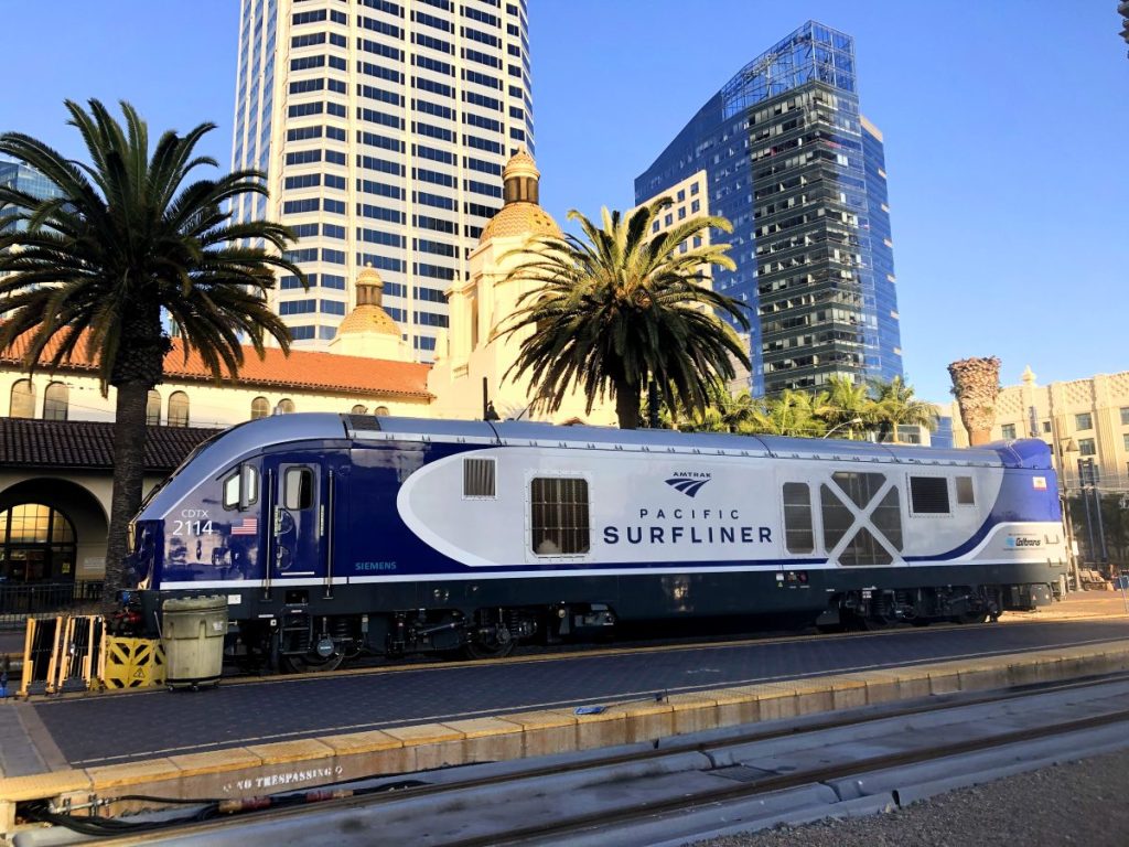Pacific surfliner train lock in front of Santa Fe Station San Diego