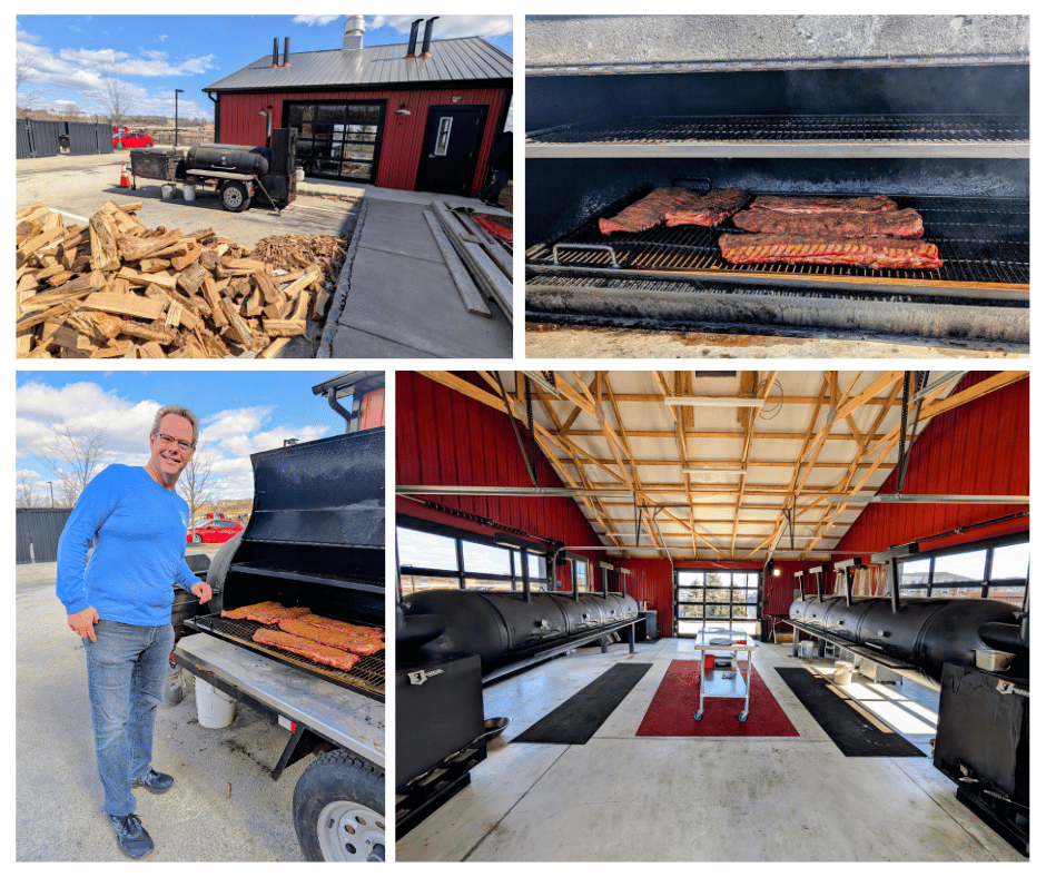 A montage showcasing Farm Boy BBQ, including the exterior of the restaurant, a smoker loaded with ribs, Chef Paul Marshall next to the smoker, and the interior of the smokehouse with smokers lined up.
