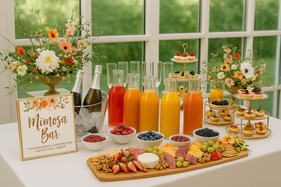 a mimosa bar with pitches of juice, bowls of berries, and champagne sit on a white table--a great beverage idea for a home bridal shower in Redfin's home bridal shower article