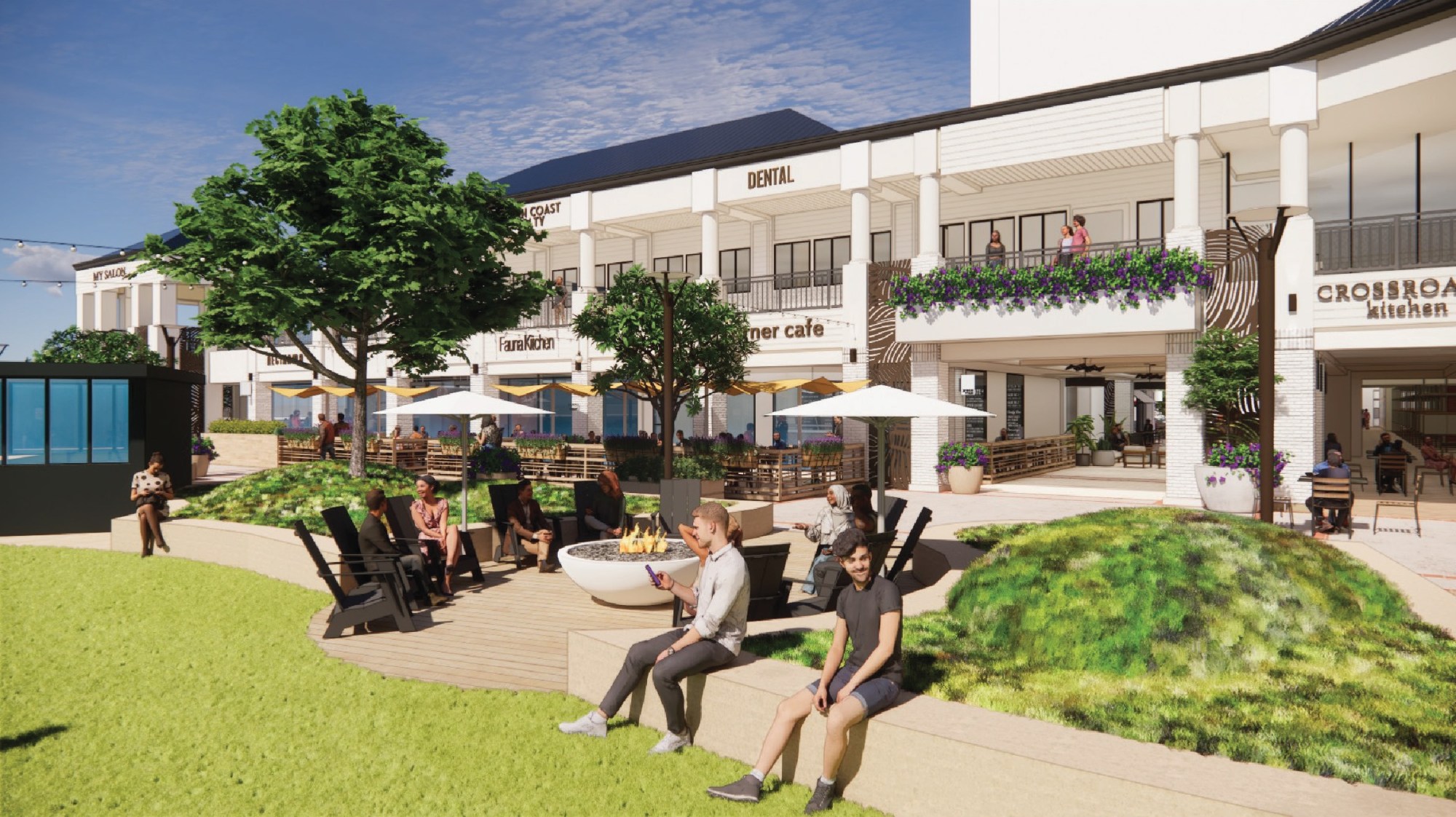 BH Properties' plan for the rebranded The Landing at HZRD includes redoing the retail center's facade in a monochromatic palette, and attracting an array of more enticing food and beverage options. (Rendering by RDC)