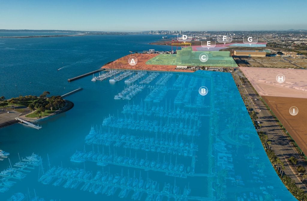 Aerial view infographic the new billion dollar Chula Vista bayfront development project in San Diego's South Bay