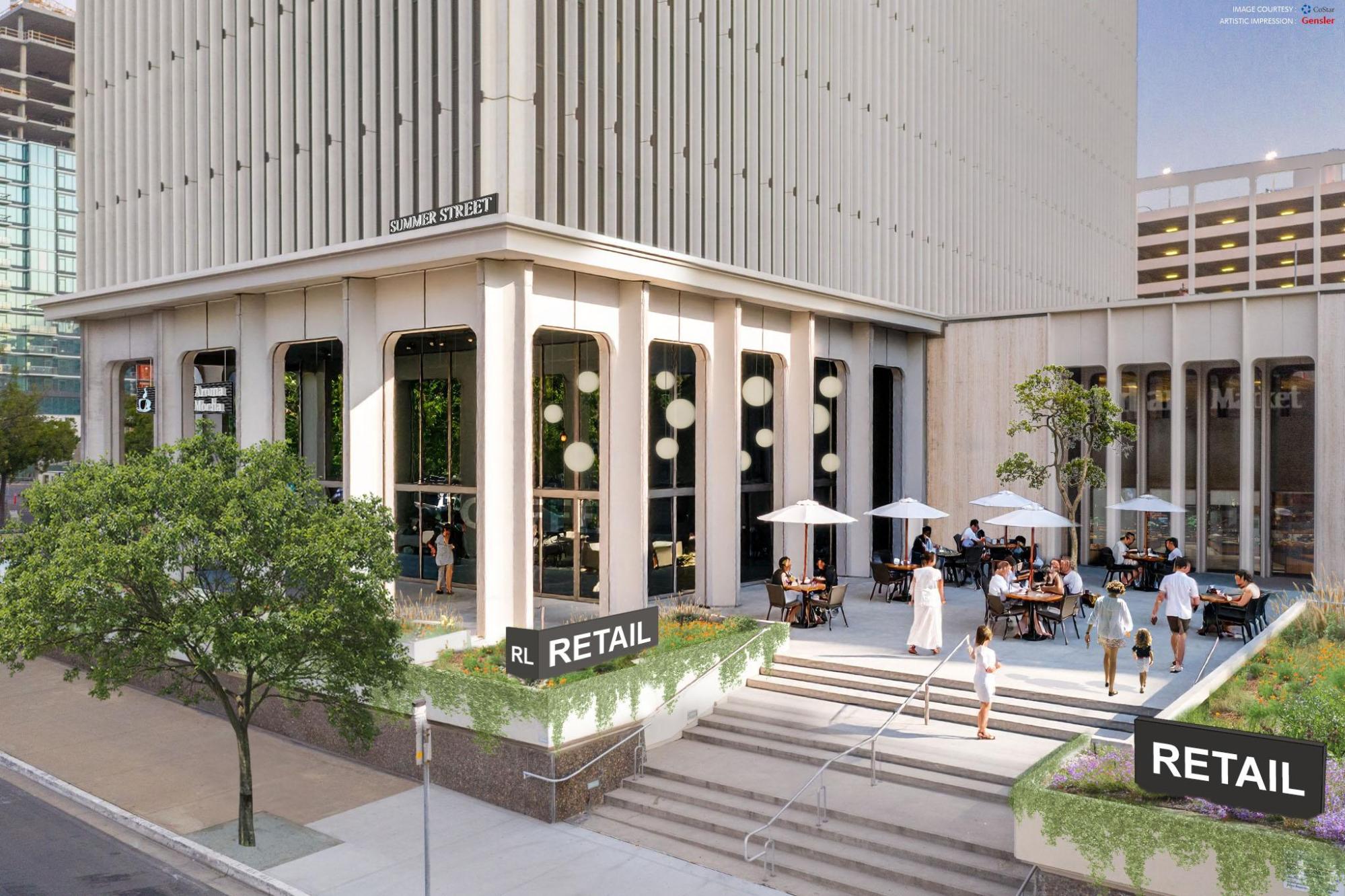 An artistic rendering, by Gensler, of a CoStar image that shows 101 Ash's plaza area activated with retail. (Kelly Moden/cREate)