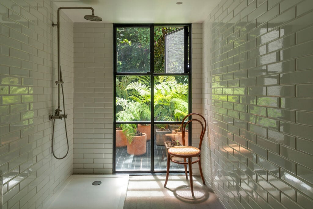 Bathroom tile in Mexico City modern architect home owned by Rosa Agraz and Alejandro Solís in San Ángel