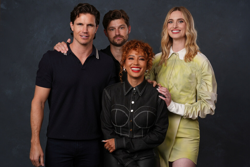 Robbie Amell, from left, Andy Allo, Kevin Bigley, and Allegra Edwards pose for a portrait to promote "Upload" during Comic-Con International on Friday, July 25, 2025, in San Diego. (AP Photo/Chris Pizzello)