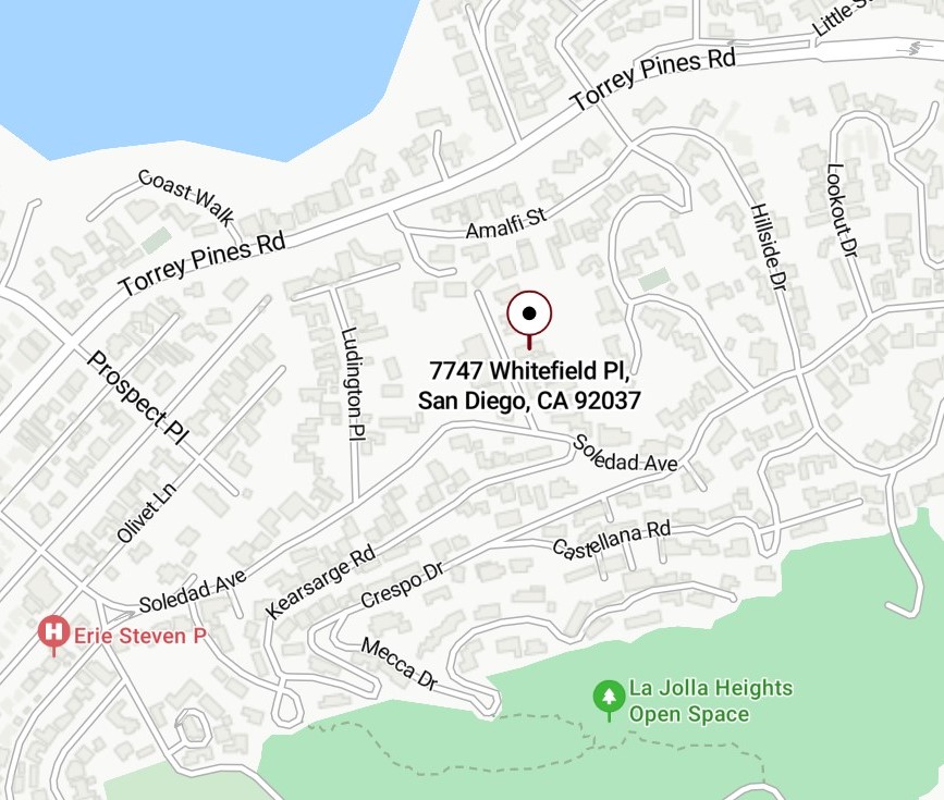 The property at 7747 Whitefield Place in La Jolla contains a 1979 organic geometric-style two-story, single-family house designed by architect James Rodney Youngson. (Bing Maps and La Jolla Light)