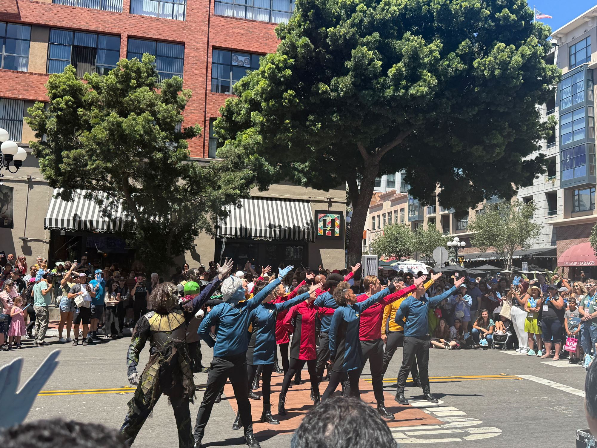 A flash dance inspired by "Star Trek: Strange New World" was seen Saturday in the Gaslamp Quarter at the corner of Fifth Avenue and K Street. (Olivia Petty / The San Diego Union-Tribune)