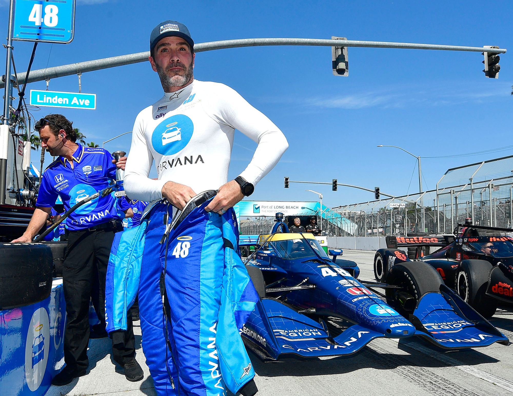 IndyCar driver Jimmie Johnson prepares to get in his race car for the opening practice session at the 47th annual Acura Grand Prix of Long Beach on Friday. (Photo by Will Lester, Inland Valley Daily Bulletin/SCNG)