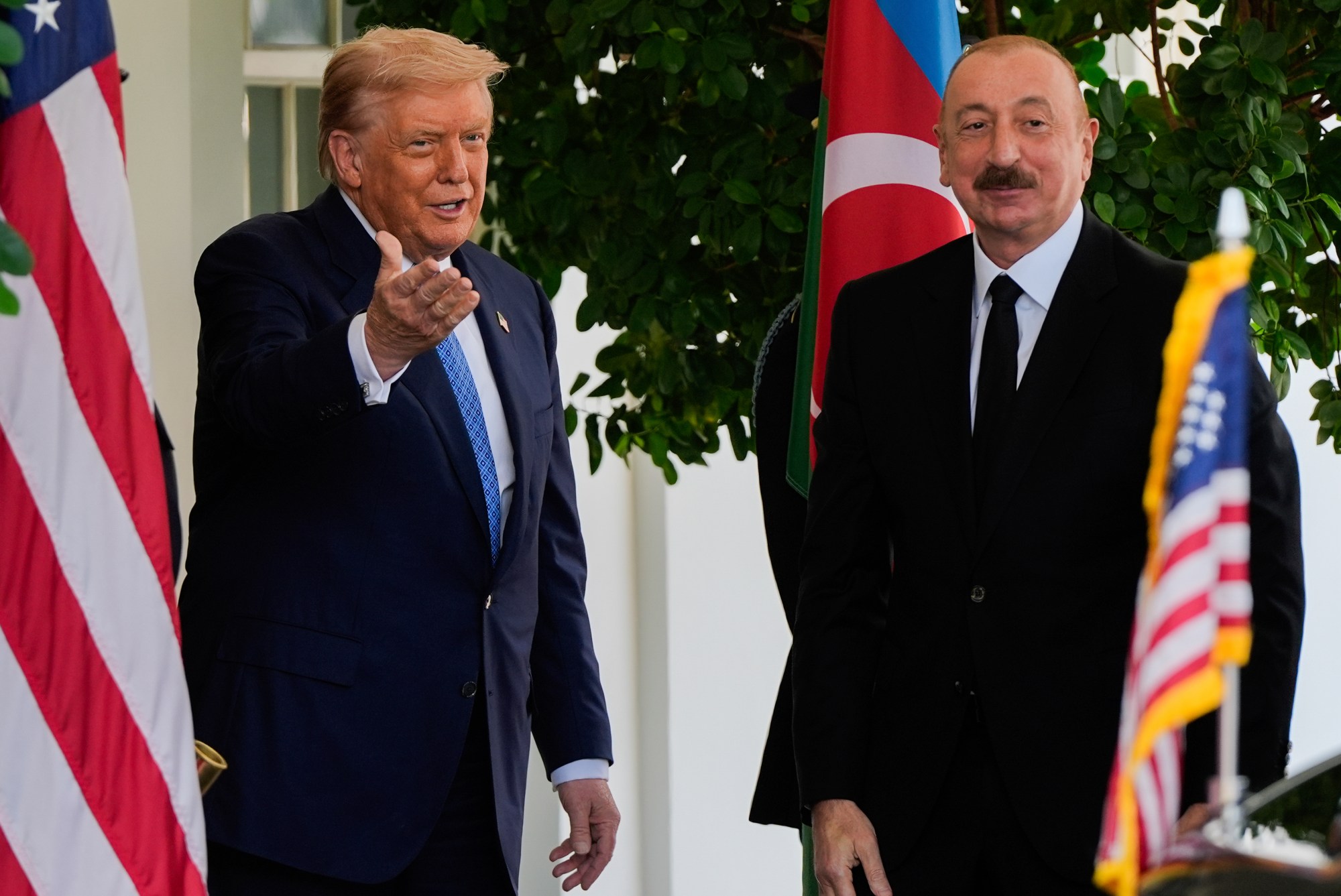 President Donald Trump greets Azerbaijan's President Ilham Aliyev at the White House, Friday, Aug. 8, 2025, in Washington. (AP Photo/Julia Demaree Nikhinson)
