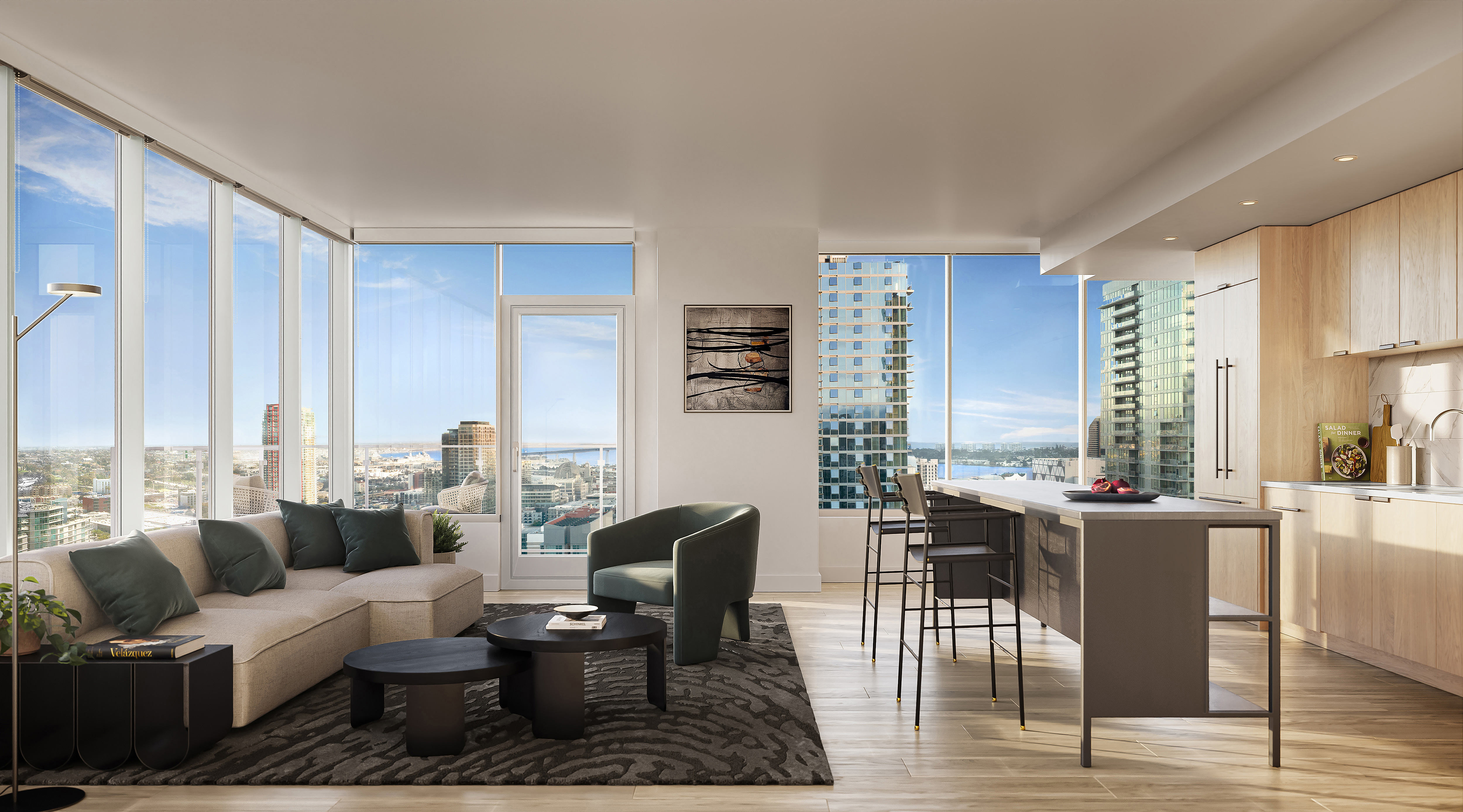 A rendering of a living room at the Andia condo...