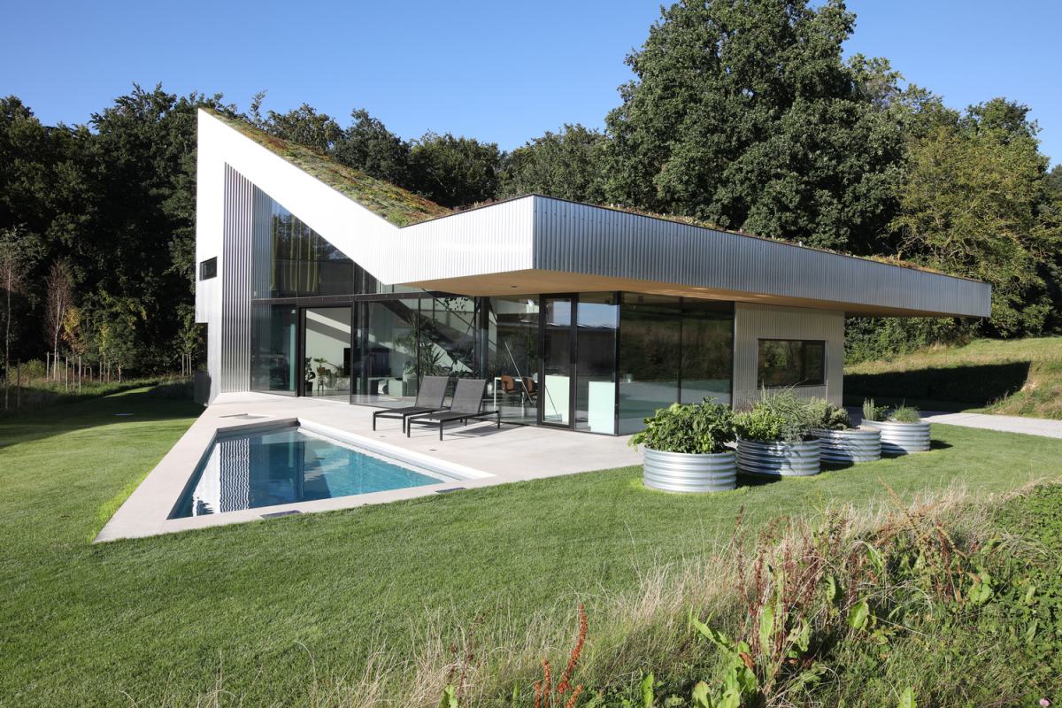 House Mesh with Corrugated Aluminum Facade and Folded Green Roof