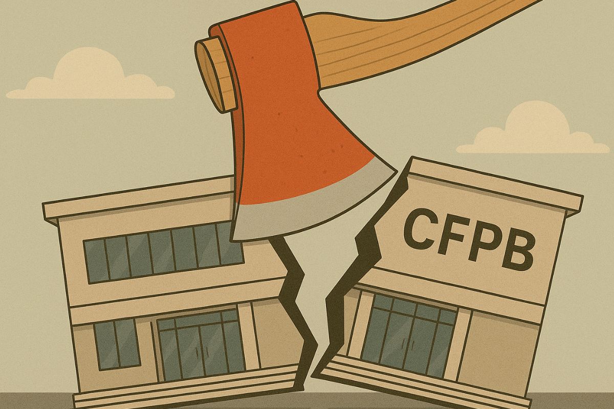 An illustration of an ax falling on the CFPB headquarters in Washington, D.C.