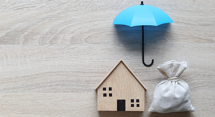 Miniature photos of blue umbrella, a barn type house, and a coin bag