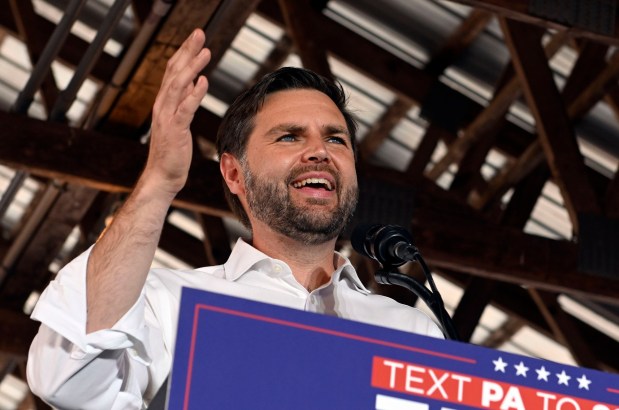 Republican vice presidential nominee JD Vance speaks to a Berks County crowd on Saturday at the Berks County Fairgrounds in Bern Township. (BILL UHRICH - READING EAGLE)