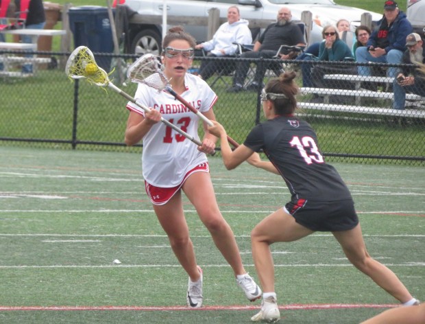 Upper Dublin's Anna DiMartile, left, tries to advance the ball against Boyertown's Nicole Shimukonas during a District 1-3A second-round playoff game Thursday, May 16, 2024. (Ed Morlock/MediaNews Group)