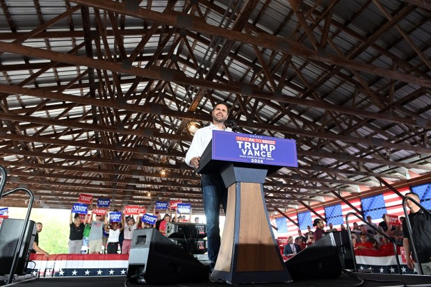 Republican vice presidential nominee JD Vance speaks to a Berks County crowd on Saturday at the Berks County Fairgrounds in Bern Township. (BILL UHRICH - READING EAGLE)