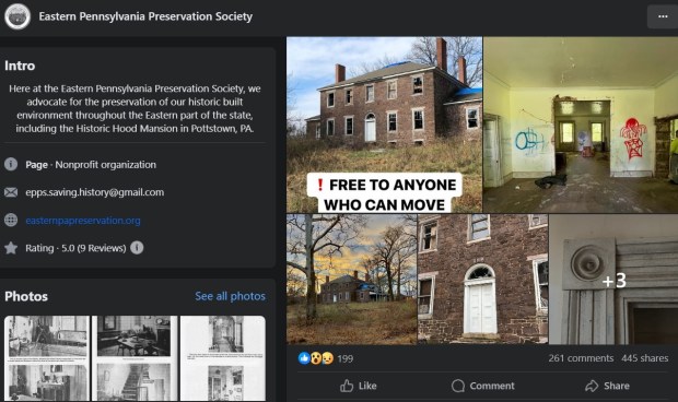 The offer of a free mansion to anyone who can move it was made on the Eastern Pennsylvania Preservation Society's Facebook page. (Image via Eastern Pennsylvania Preservation Society)