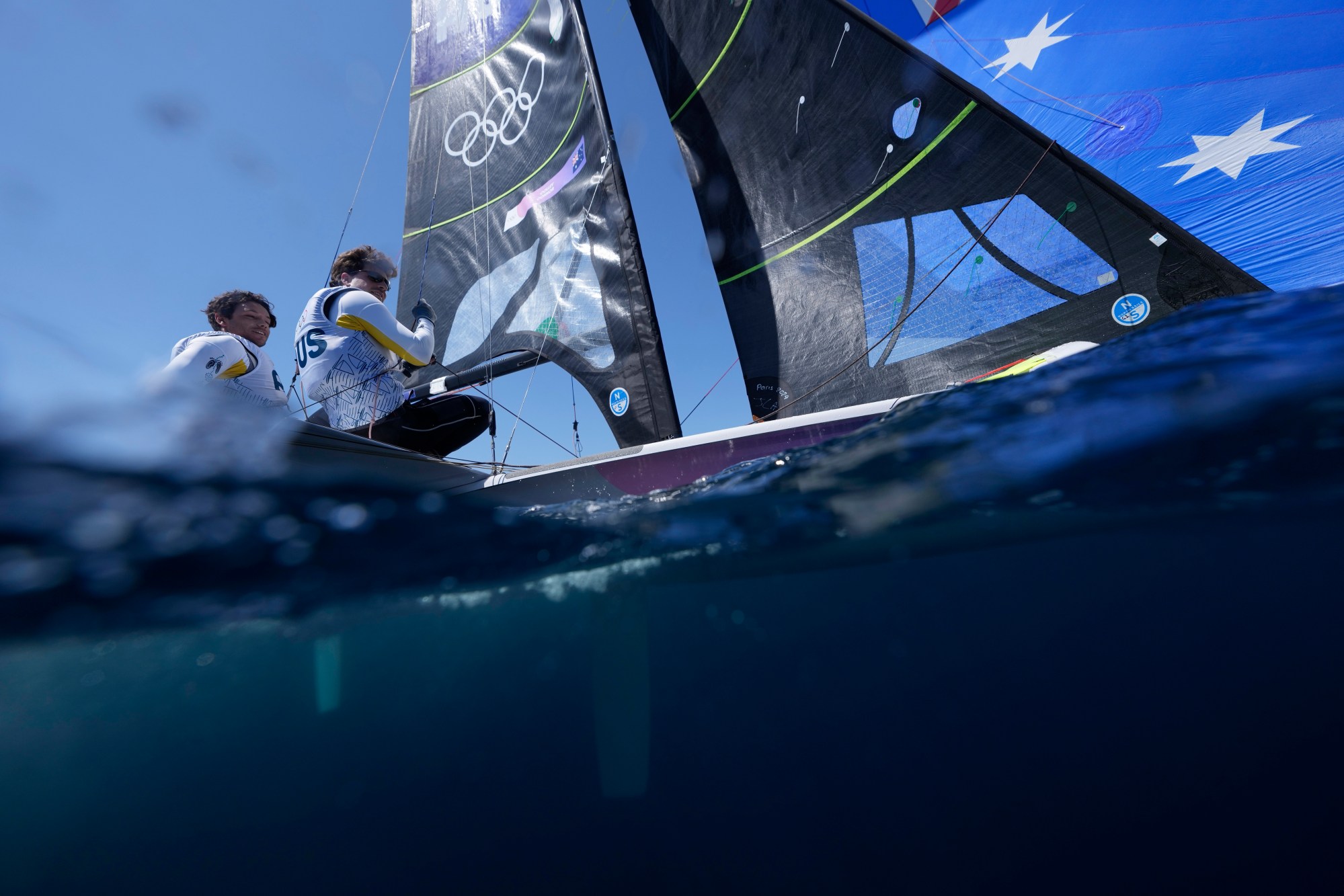 Australia's Jim Colley and Shaun Connor sail during a men's 49er practice race at the 2024 Summer Olympics, Thursday, July 25, 2024, in Marseille, France. (AP Photo/Carolyn Kaster)