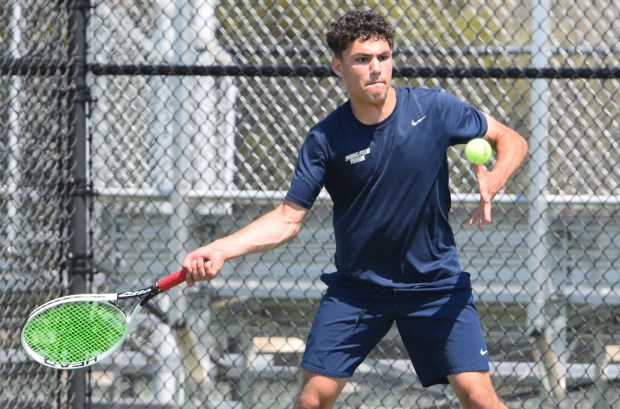 Spring-Ford's Henry Damiani hits a forehand during the finals of the PAC Boys Tennis Singles Championships on April 15 at Perkiomen Valley. (Austin Hertzog - MediaNews Group)