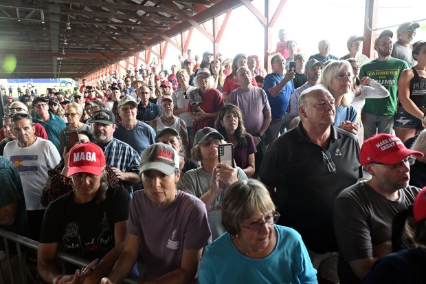 A Berks County audience receives Republican vice presidential nominee JD Vance on Saturday at the Berks County Fairgrounds in Bern Township. (BILL UHRICH - READING EAGLE)