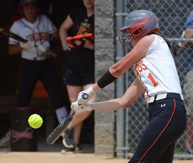 West Chester East's (1) Mia Picciotti hits as the Vikings defeated Springfield 6-3 in the second round of the PIAA Class 5A Softball playoffs Friday at Spring-Ford High School. (PETE BANNAN MEDIANEWS GROUP)